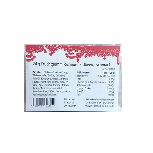 Geduldsfäden, Fruchtgummischnüre mit Erdbeergeschmack aus der Schiebeschachtel, 1er Pack (24g), von Liebeskummerpillen