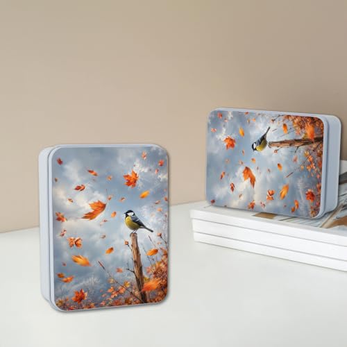 Image of Decorative Metal Tin Box with Lid,Birds Flying Autumn Organizer