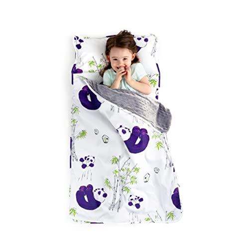 JumpOff Jo Nap Mat for Kids - Cozy Kids Rest Mat with Removable Pillow and Ultra Soft Blanket for Preschool, Daycare, and Sleepovers - Playful Pandas
