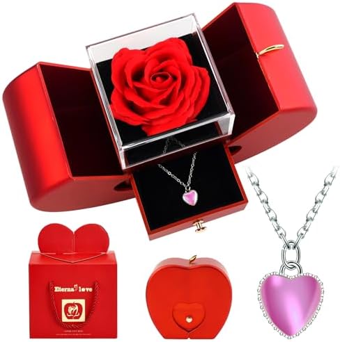 Forever Red Roses in A Box Preserved Rose with Rainbow Necklace Heart Box to My Love Birthday Gift for Women Mom Wife Girlfriend