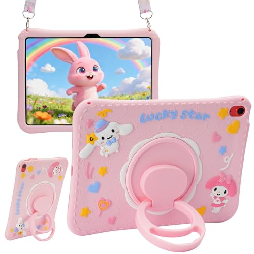Kids iPad Case for A16 11th Generation 11 Inch 2025 & 10th Generation 10.9 Inch 2022 Pink Cute 3D Cartoon Design with 360 Rotatable Kickstand Adjustable Strap Shockproof Protective Cover for Girls