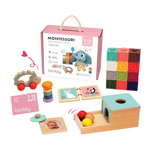 Image of bimbly Wooden Montessori Toys for 6+ Month Old | Baby Educational Toys 6-12 Months, Object Permanence Box, Baby Rattle, Building Number Blocks, Shape Puzzle, Toddler Flashcards &More