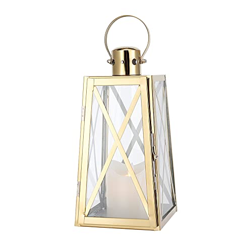 Trirocks Stainless Steel Decorative Lantern 12''High Metal Outdoor Candle Holder Hanging Candle Lantern With Tempered Glass For Home Wedding Living Room Parties Events Indoor Outdoor(Gold Trapezoid) #TOP15