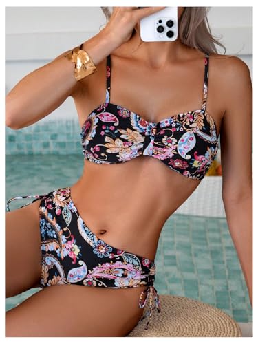 MakeMeChic Women's Floral Bikini Sets Spaghetti Strap Ruched Drawstring Beachwear Bathing Suit2