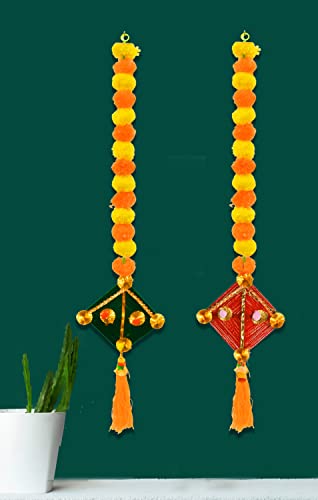 CraftVatika Artificial Marigold Fluffy Flowers with Handmade Kites Wall Door Hanging Latkans for Diwali, Wedding, Home Decoration (2 Pcs)