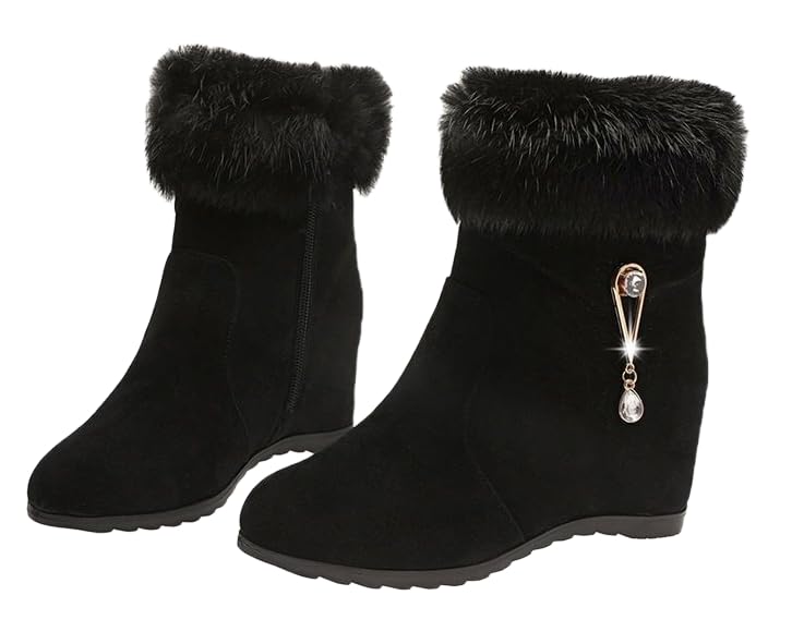 Women Winter Warm Hidden Wedge Snow Booties Leather Cute Bowknot Rhinestones Fluffy Fur Lined Thickening Side Zipper Ankle