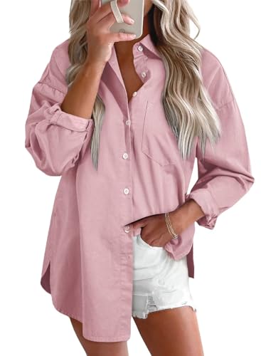 Astylish Women Denim Blouse Chambray Oversized Shirts V Neck Elegant
