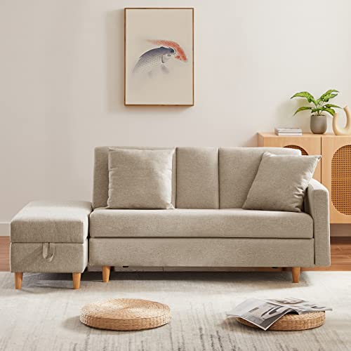 Kozomyer ソファー 3人掛け 大量収納空間 ソファーベッド l字型ソファー オットマン付 同色クッション2個付き 左右に入れ替える肘 レイアウト自由 カウチソファー ローソファー コーナーソファー 天然木脚 (ベージュ)