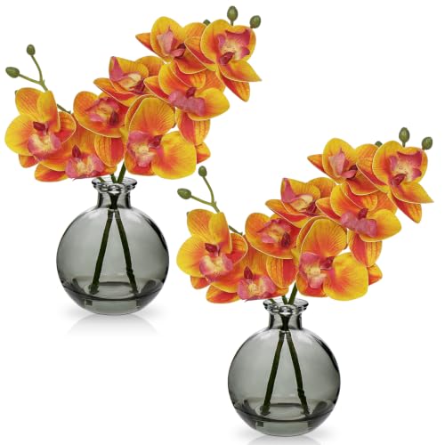 Yellow Orchids Artificial Flowers Faux Orchid Arrangement with Glass Vase