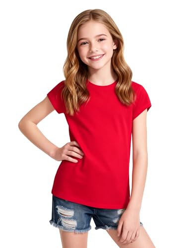 NUMYEAN Girls Short Sleeve T-Shirts Crewneck Neon Shirts for Girl Tee Tops Clothes Red Size 13-14 Y