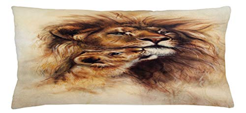 Lunarable Savannah Throw Pillow Cushion Cover, Sketchy Painting of Loving Lion and Her Cub Snuggle Wildlife Nature Theme, Decorative Square Accent Pillow Case, 36
