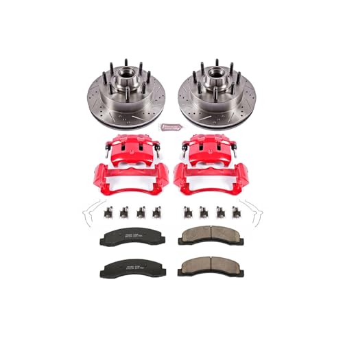 Image of PowerStop Front Brake Kit for Ford Excursion 2003-05 |F-250 Super Duty 2003-04 - Carbon-Fiber Ceramic Brake Pads + Drilled & Slotted Rotors + Red Powder Coated Calipers, KC1392
