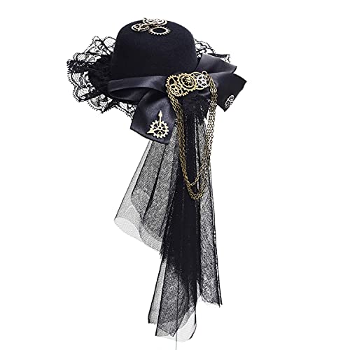 Womens Girls Vintage Lace Veil Tassels Steampunk Hair Clip Gears Bow-Tie Mini Top Hat Gothic Lolita Fedoras Headwear #TOP2