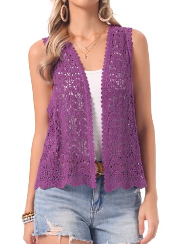 Image of Allegra K Women's Floral Crochet Hollow Out Sleeveless Open Front Boho Vest Cardigan
