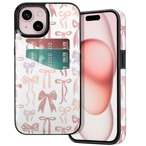 BayPastel X for iPhone 13/14/15 Wallet Case Card Holder Slot Slim Cute Design Soft Leather Protective Phone Case with 2 Credit Card Pockets Cover 6.1 inch for Women Girls,Colorful Bow Tie