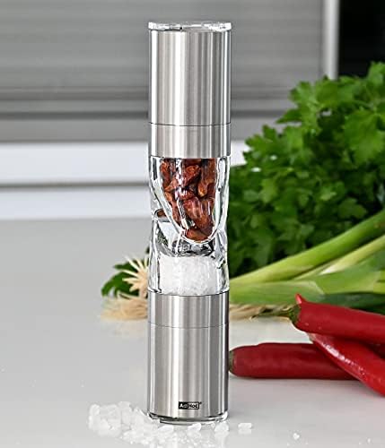 AdHoc MP290 DUOSPICE Spice Cutter and Mill | Stainless Steel/Acrylic | Dried Herbs and Spices Cutter/Salt or Pepper Grinder | (H)220mm x (D)45mm | Clear/Silver | Includes 1 x Duo-Mill