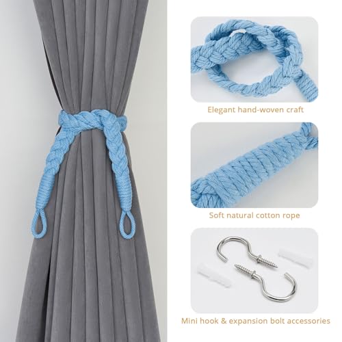 Pretty Jolly 2 Pack Natural Cotton Rope Curtain Tiebacks Elegant Boho Style Decorative Drape Tie Backs Soft Hand-Woven Rope Curtain Holdbacks with Metal Hook for Home & Office Drapery (Light Blue) - Image 2
