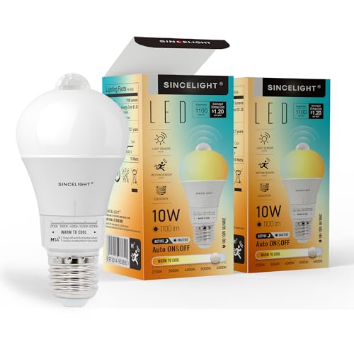 SINCELIGHT LED人感センサー電球、9W、E26口金、自動点灯/消灯、暗闇でのみ人体の存在を検知する、電球色(3000K)、100W形相当、高輝度、省エネ、長寿命、2個入り