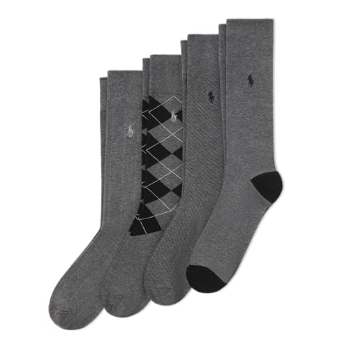 POLO RALPH LAUREN Men's Assorted Pattern Dress Crew Socks 4 Pair Pack - Soft and Lightweight Cotton Comfort, Gray, 6-12.5