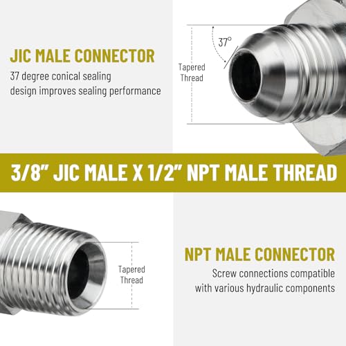 Image of 10 Pack Hydraulic Hose Adapter Fittings: 3 /8 inch JIC 37 Male x 1 /2 inch NPT Male, Straight Tube Connectors with Protection Cover