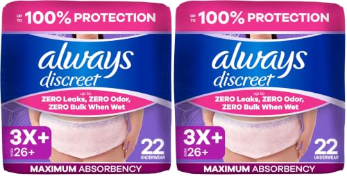 Image of Always Discreet Reimagined Adult Diapers for Women, Maximum Absorbency Incontinence and Postpartum Underwear Size 3X+, Up to 100% Leak Free Bladder Leak Protection, 22 Count (Pack of 2)