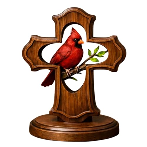 KHGVRIJENT Handcrafted Cardinal Cross Ornament, Wooden Memorial Ornament with Crimson Cardinal and Olive Branch Design Cardinal Gifts Religious Faith Home Decor (A)