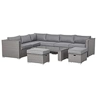 Outsunny 6 PCs PE Rattan Wicker Corner Sofa Set, Outdoor Aluminum Conservatory Furniture Lawn Patio Coffee Table Footstool w/Cushion - Grey