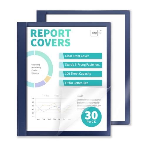 Image of Heavy-Duty Report Covers with 3 Prongs, 100-Sheet Capacity, Navy, 30 Pack | Plastic Report Folders with Back Covers, 3-Prong Metal Fasteners, 8.5 x 11 Inch Letter Size, for Professional Presentations