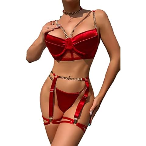 FAIRYMEI Garter Lingerie Set with Removable Choker Teddy Babydoll Strappy Bra and Panty Set (No Stockings) (Red, Large) Cover