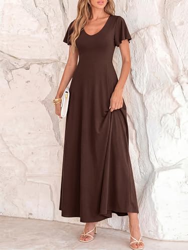BTFBM Formal Dresses for Women Summer Outfits V Neck Ruffle Sleeve A Line Maxi Elegant Cocktail Wedding Guest Dress 2026(Brown, XX-Large) — view 6