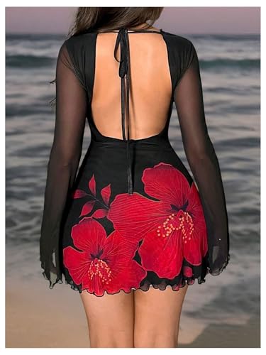 Image of MakeMeChic Women's Floral Print Long Sleeve Mini Dress Mesh Backless Y2k Going Out Dresses