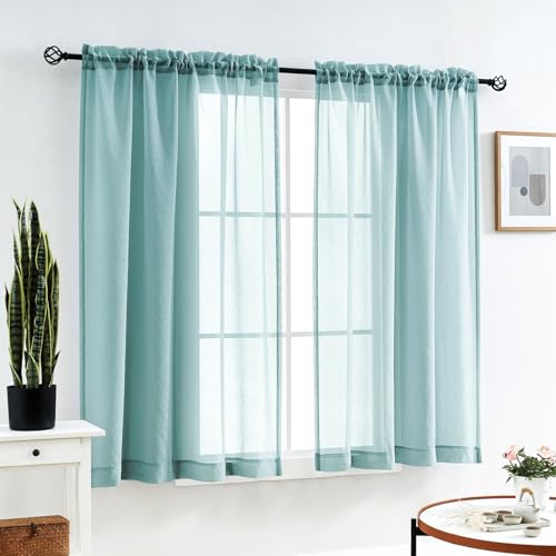 Image of MYSTIC-HOME Sheer Curtains 63 Inch Length, Rod Pocket Voile Drapes for Living Room, Bedroom, Window Treatments Semi Crinkle Curtain Panels for Yard, Patio, Parlor, Set of 2, 52 inchx 63 inch, Grey Teal