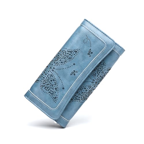 Womens Wallets RFID Blocking Leather Clutch Long Wallet for Women Card Holder Phone Organizer Ladies Travel Purses Blue