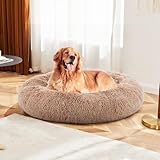 DUMOS 37.4x37.4 Inch Calming Donut Dog Beds for Large Dogs, Machine Washable Cuddler Warming Cozy Fluffy Faux Fur Plush Round Pet Bed Medium Sized Bed for Indoor Dogs and Cats, Brown
