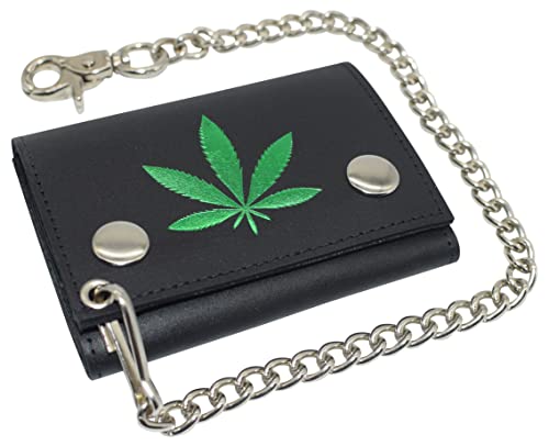 MARSHAL Marijuana Leaf Men's Tri-fold Biker Cowhide Leather RFID Blocking Steel Chain Wallet Snap closure (Marijuana Leaf)