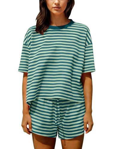 Image of Ythomm Striped Pajamas Shorts Sets Women 2 Piece Lounge Outfits Short Sleeve Tees Drawstring Shorts Summer Matching Pj Sets