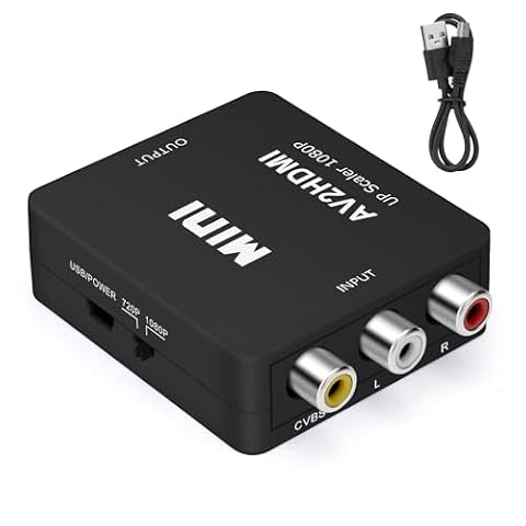 Seminer Adapter RCA na HDMI, 1080P RCA Composite CVBS AV na HDMI Video Audio Converter obsługujący PAL/NTSC do laptopa mini Xbox PS2 PS3 TV VHS VCR kamera DVD z kablem zasilającym USB