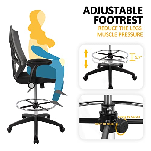 Hylone Drafting Chair, Tall Office Chair, High Back Standing Desk Chair Mesh Drafting Stool With Adjustable Foot Ring And Flip-Up Arms(Black) #TOP4