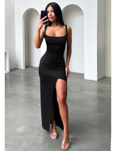 LAGSHIAN Women's Sexy Backless Square Neck Sleeveless Split Hem Tank Tops Evening Long Dresses2