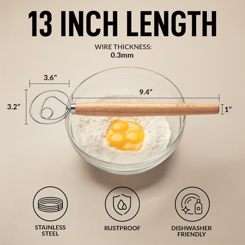 Zulay - Frusta danese per impasto, grande, 33 cm, in acciaio inox e legno danese, frullatore artigianale in stile olandese per pane, pastella, torta, pasticceria e altro ancora - immagine 3