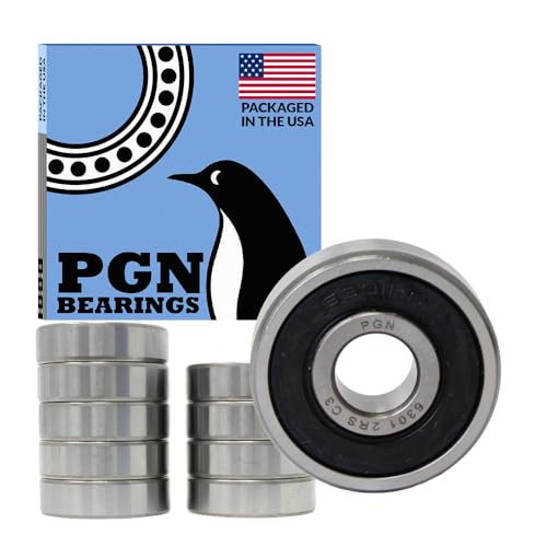 PGN (10 Pack) 6301-2RS Bearing - Lubricated Chrome Steel Sealed Ball Bearing - 12x37x12mm Bearings with Rubber Seal & High RPM Support