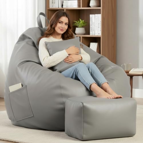 Image of KAM'S LIEU 5XL Luxury Faux Leather Bean Bag with Footrest & Cushion | Pre-Filled High-Density Polystyrene Beans | Premium Leatherette | 6 Months Warranty Color- (Grey, Without Footrest)