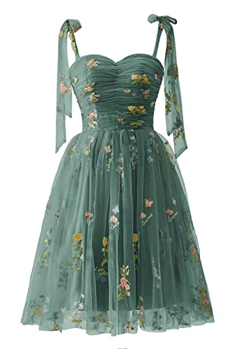 Basgute Flower Embroidery Tulle Short Homecoming Dresses for Teens Mini Spaghetti Straps Formal Prom Evening Party Gown