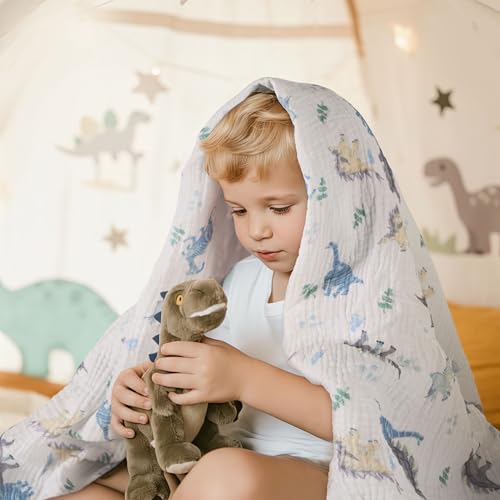 Image of Muslin Swaddle Blankets for Newborn, 3 Pack Breathable Soft Receiving Blanket, Large 38 x 40 inches Swaddle Wrap Burping Clothes Diapers, Essentials Infant Shower Items, Toddler Gift (Blue Dinosaur)