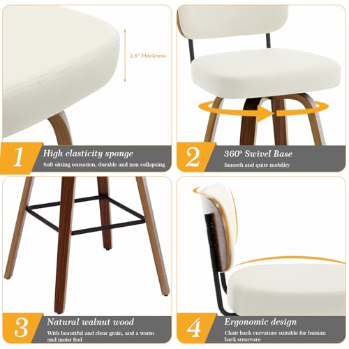 Butacos giratorios para bar Bekrvio, 29 pulgadas, tapizados en cuero sintético con respaldo y patas de madera curvada, estilo mid century moderno para isla de cocina o mostrador miniatura 4
