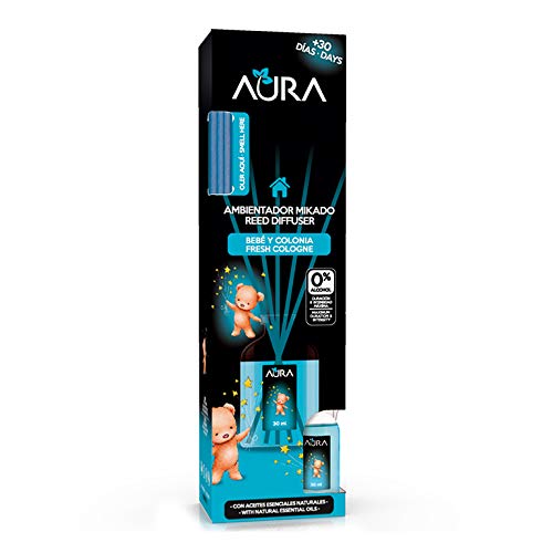 Aura. Ambientador Mikado con Varillas. O% Alcohol. Más de 4 semanas de duración. 30 ml. Aroma BEBÉ Y Colonia Cover