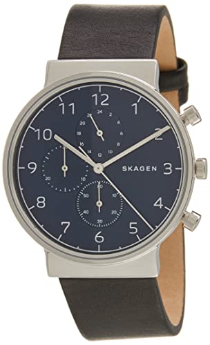 Skagen Men's Ancher Quartz Stainless Steel and Leather Chronograph Watch, Color: Silver-Tone, Black (Model: SKW6417)