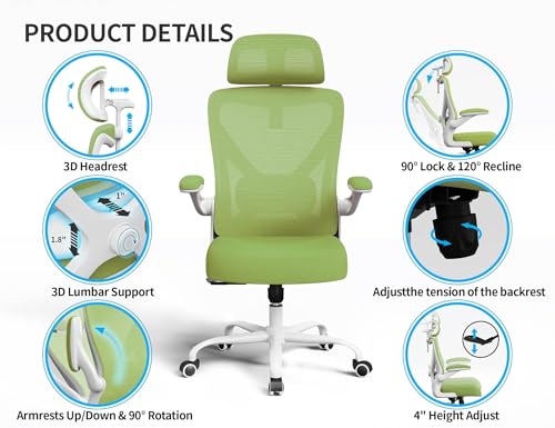 Image of Ergonomic Office Chair - Mesh Desk Chair with Adjustable Lumbar Support High Back Computer Gaming Chairs - Big and Tall Office Chairs Adults, Comfortable for Long Hours, Green