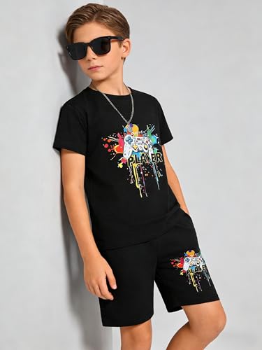 Image of Cakaner Tween Boys Summer Clothes 2 Piece Short Sleeve Graphic T-Shirt and Shorts Casual Outfit Set Size 7-14