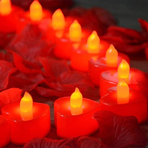 Homeleo 24Pcs Red Heart Shaped Flameless Candles Lights,Romantic Led Tealight Candle With 200Pcs Artificial Flower Rose Petals For Valentines Day Decor Wedding Bedroom Decorations Table Centerpieces #TOP1